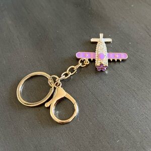 Purple Gold Airplane Plane Travel Allover Rhinestone 2” Keychain Bag Charm Vacay